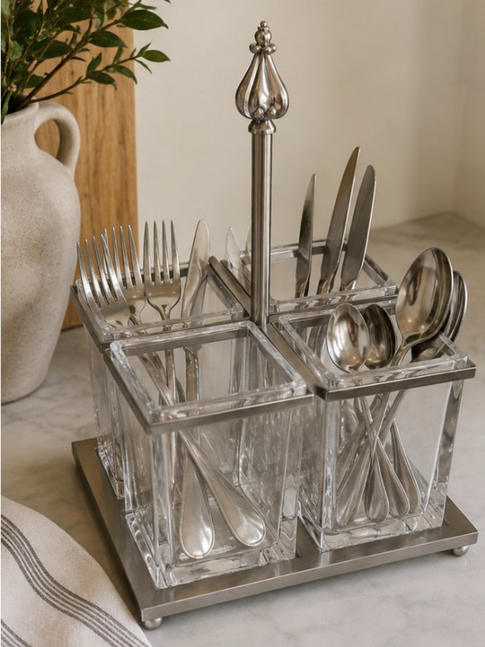 Southern Living at Home Astoria Flatware Caddy Metal & Glass Heavy 4 Compartment